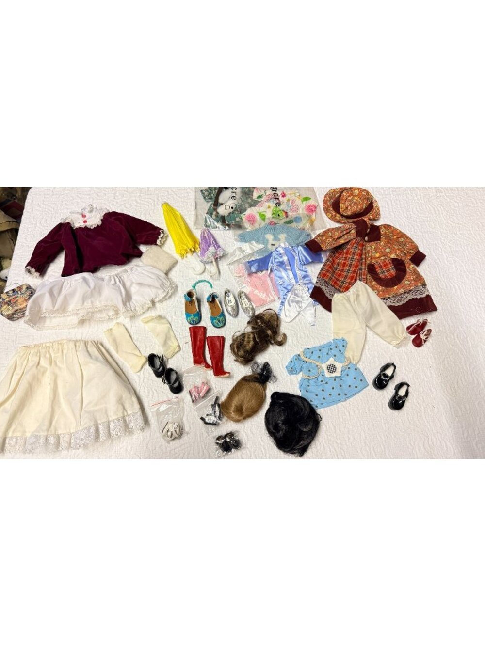 Vintage Doll Bear Clothing Accessories Wig Shoe Lot Various Sizes See Pics